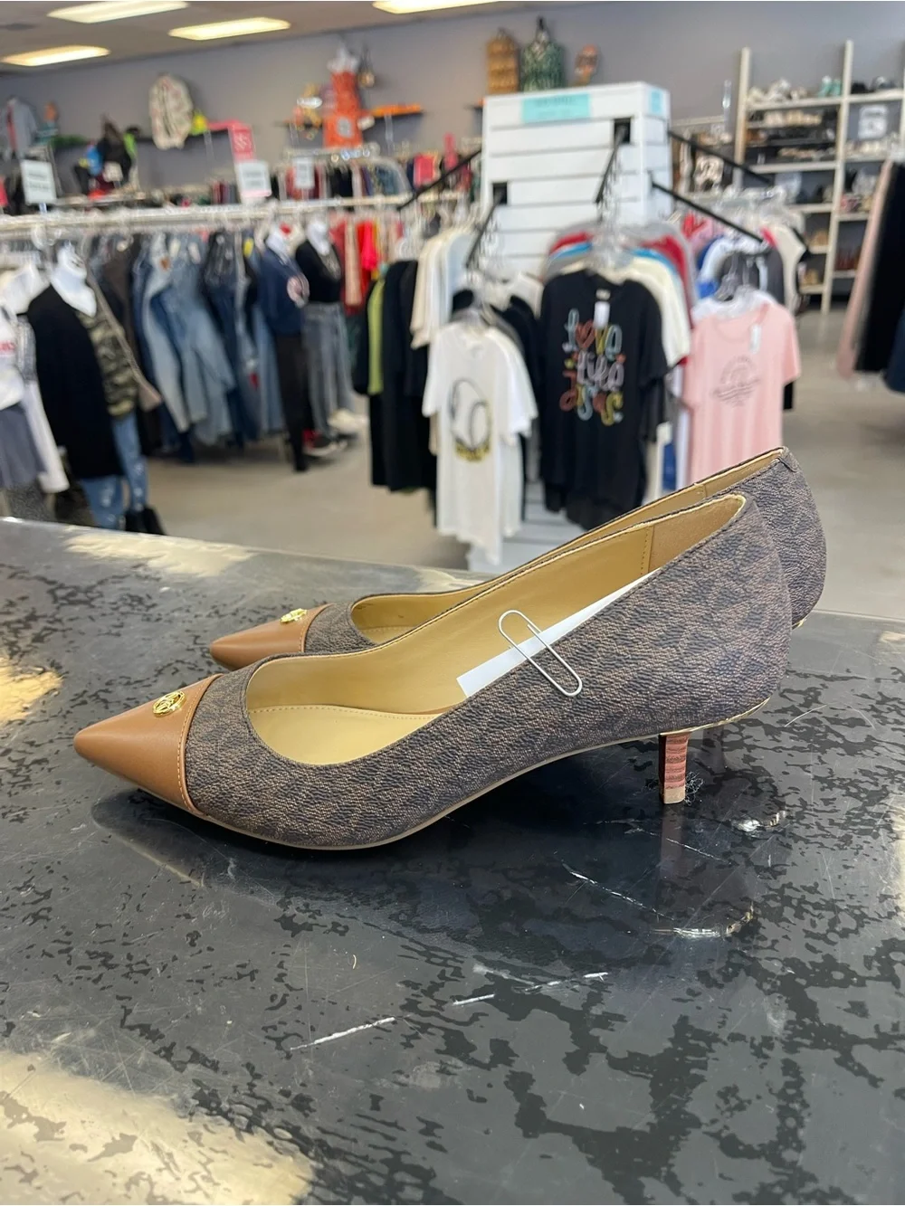 Michael Kors Brown Logo-Print Pointed Toe Flats with Tan Cap